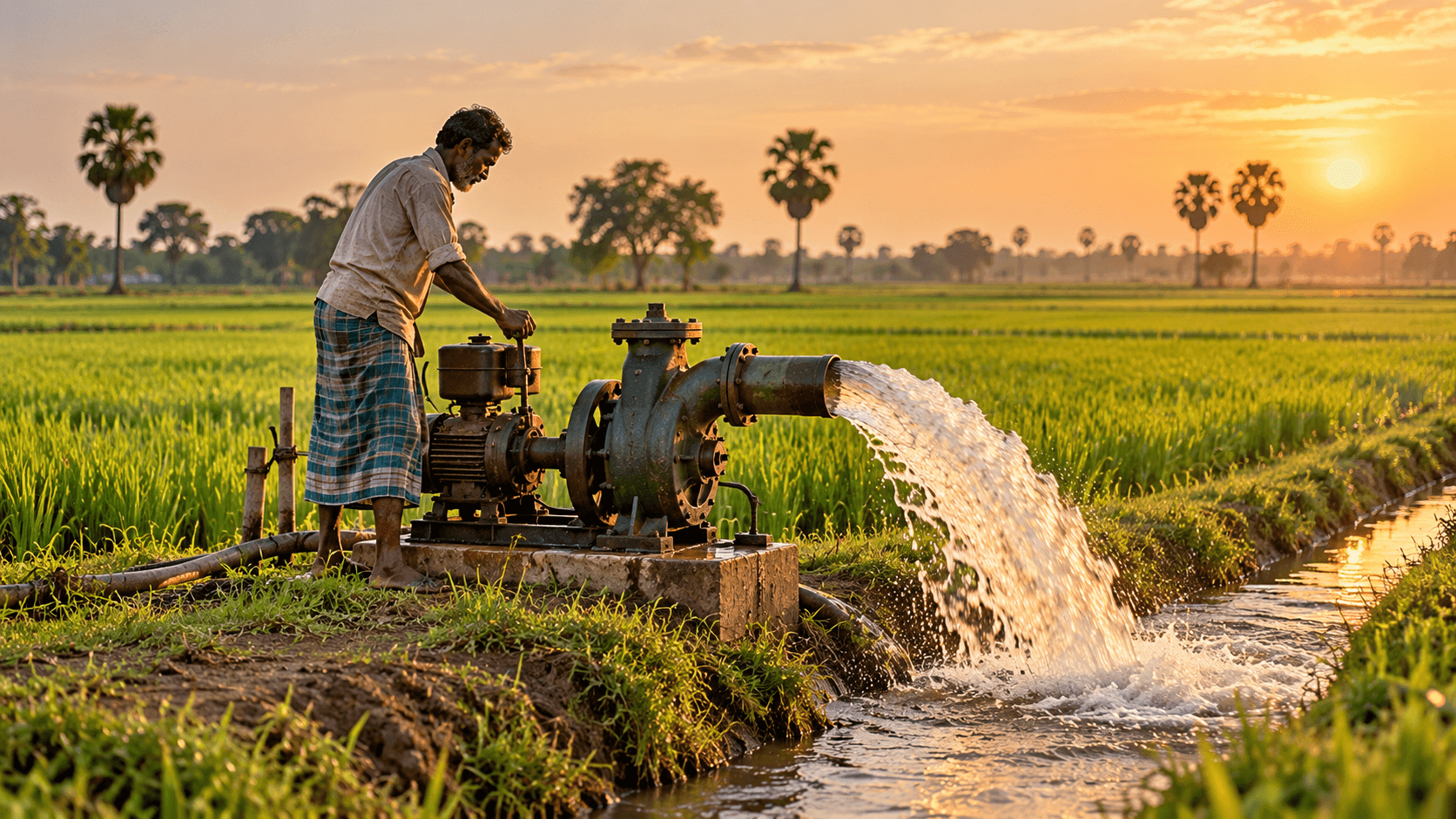 A farmer beside a cast-iron irrigation pump pouring water into a paddy field at sunset