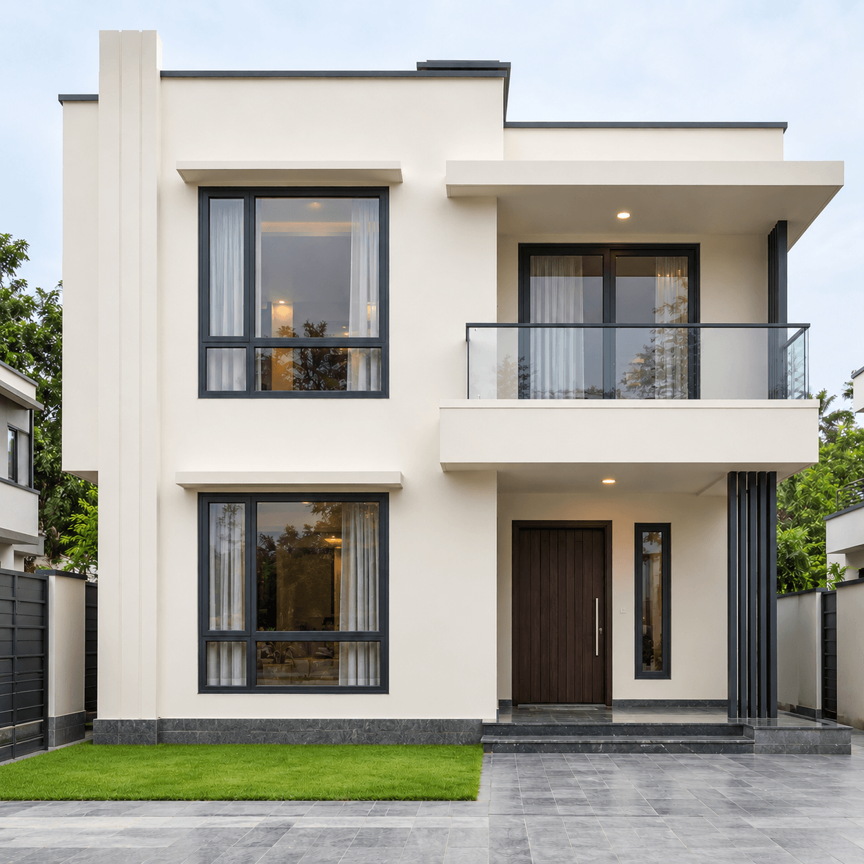 A modern two-storey duplex house with a balcony and large windows