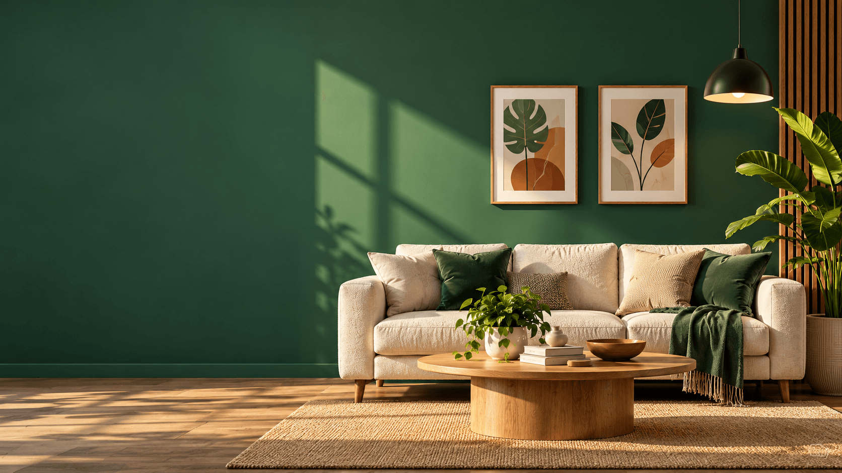 A living room with a deep green painted wall, a cream sofa, leaf prints and warm afternoon sun