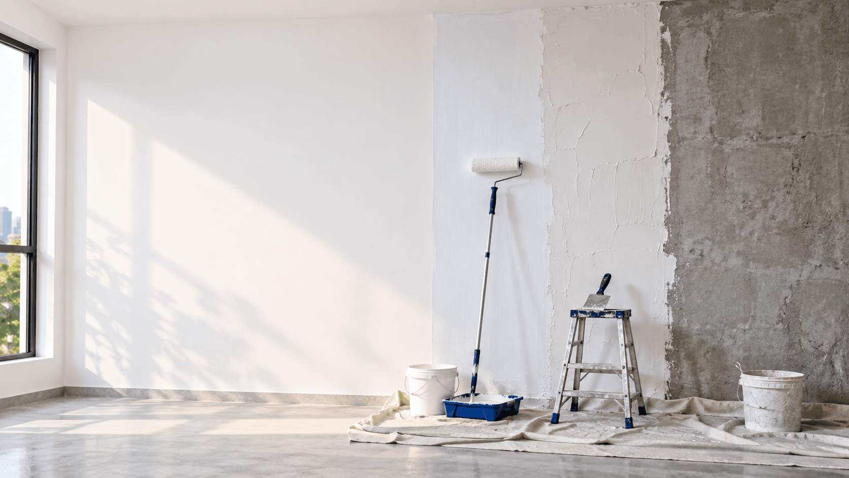 A wall being prepared for paint: bare plaster, a band of white putty and a primed section, with a roller and putty knife