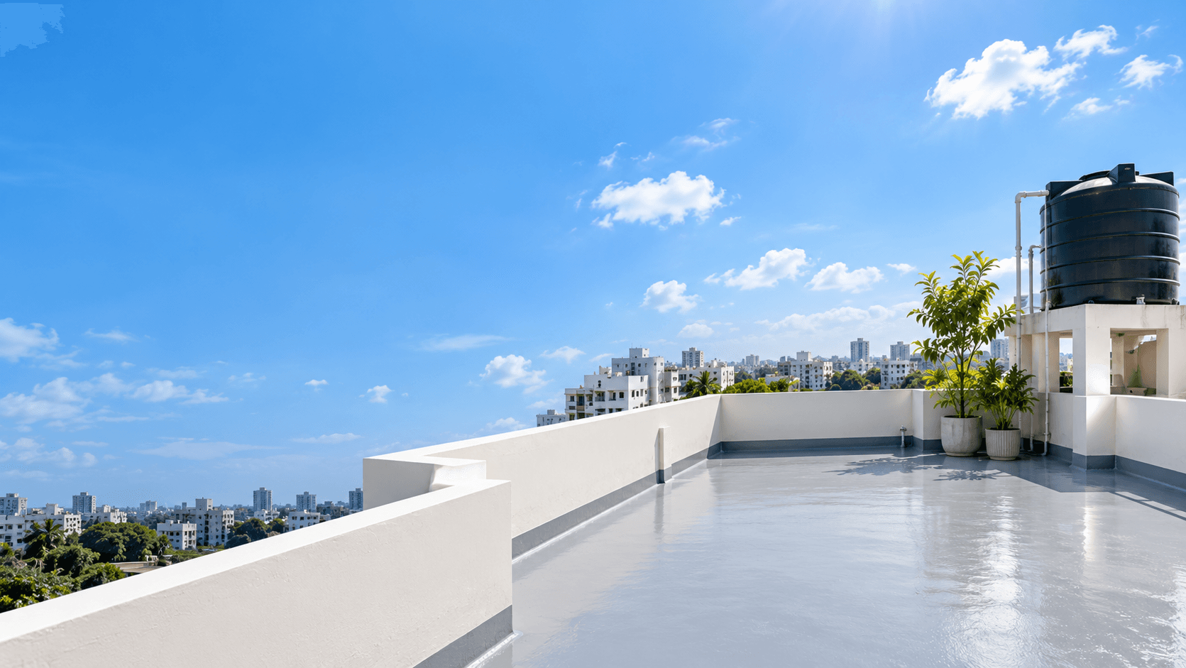 A freshly coated, shining concrete rooftop under a blue sky