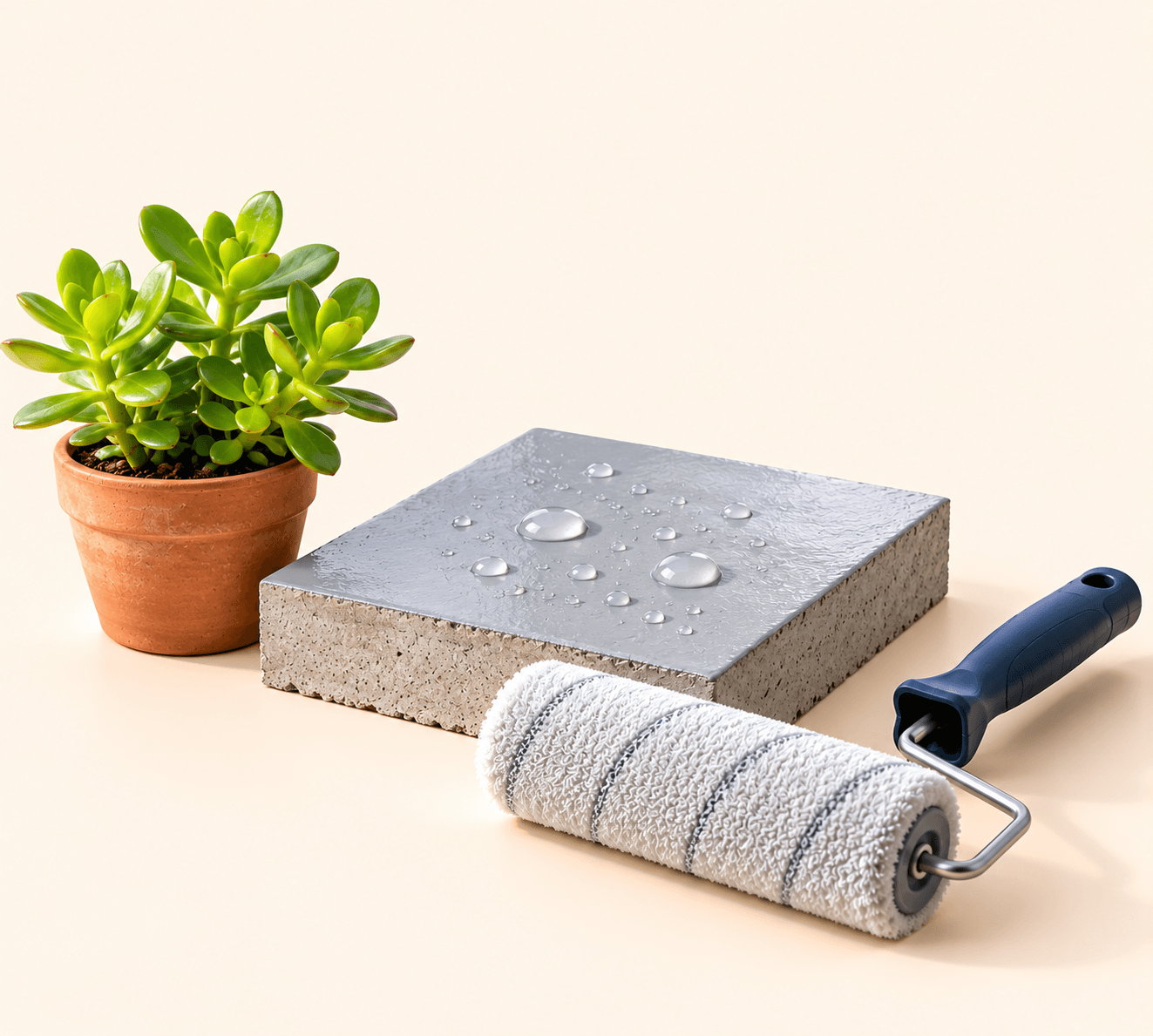 A coated concrete block beside a paint roller