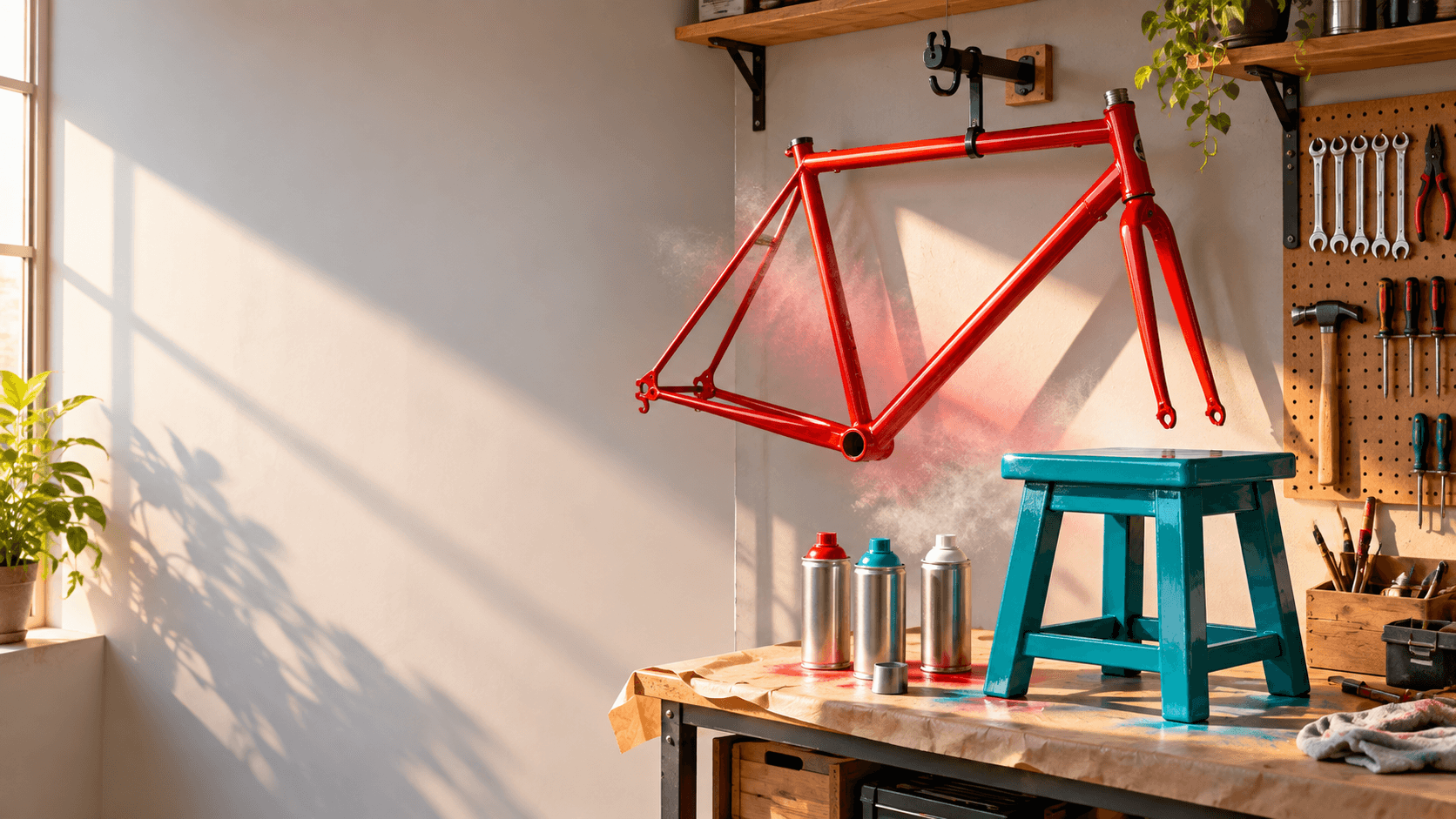 A bicycle frame spray-painted glossy red and a teal stool on a workbench in a sunny workshop