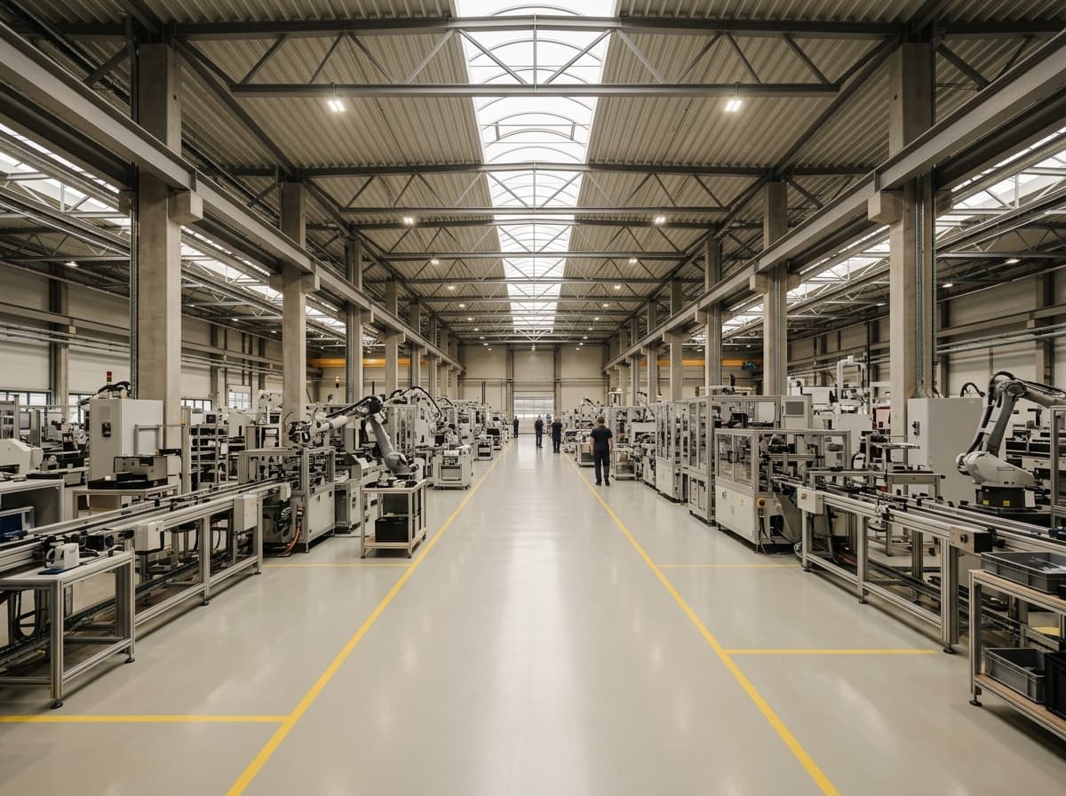 Machinery lining a seamless epoxy floor in a manufacturing plant