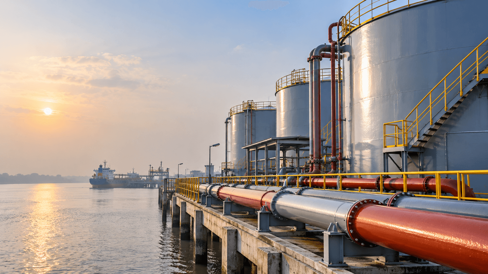Steel storage tanks and red-oxide and grey coated pipelines on a riverside jetty at sunrise, a cargo ship behind