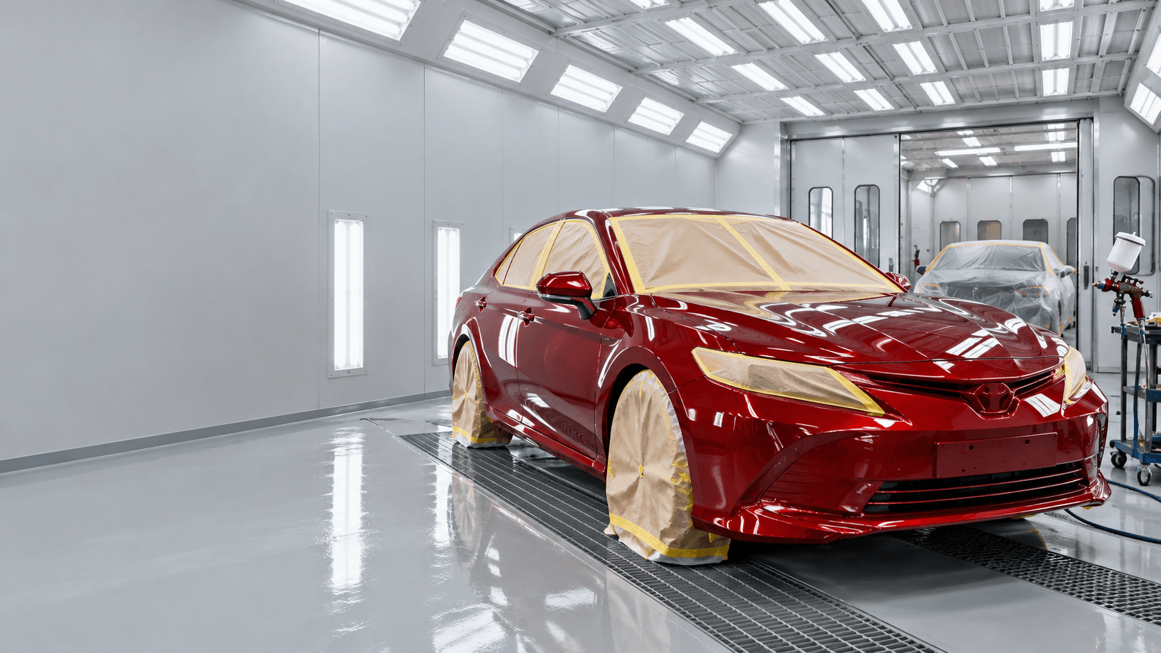 A freshly refinished metallic red car in a bright paint booth, windows masked, a spray gun on a stand