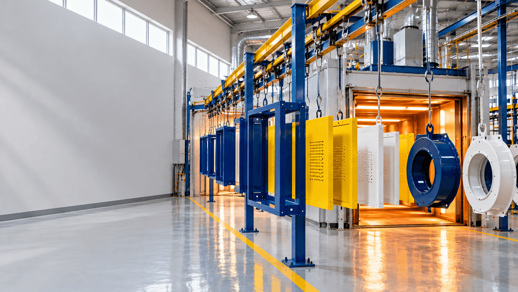 Steel frames, panels and fan housings in blue, yellow and white powder coat on an overhead conveyor entering a curing oven