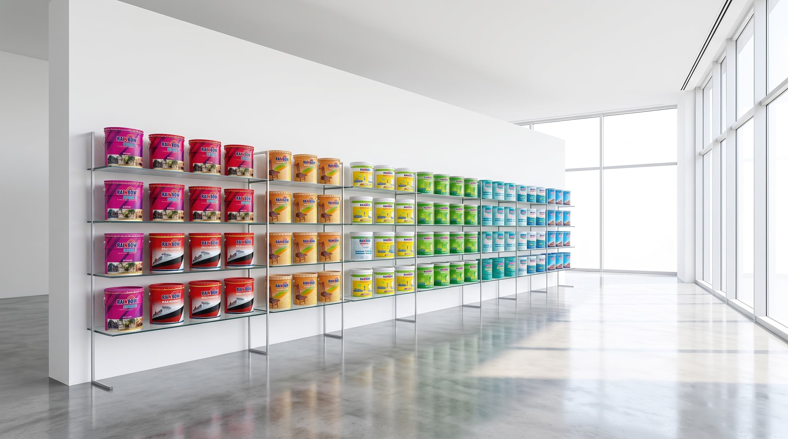 A showroom wall stacked with Rainbow tins across the full colour range