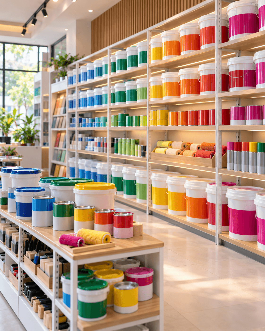 A Rainbow showroom wall stacked with paint in every colour