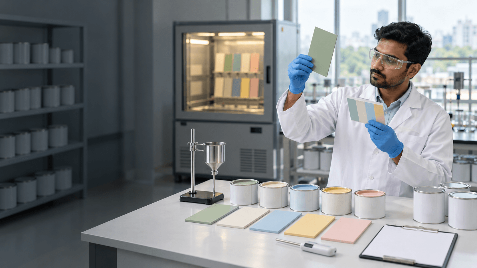 A quality-control technician in a paint lab holding a painted test panel up to the light, with sample tins and coloured panels on the bench