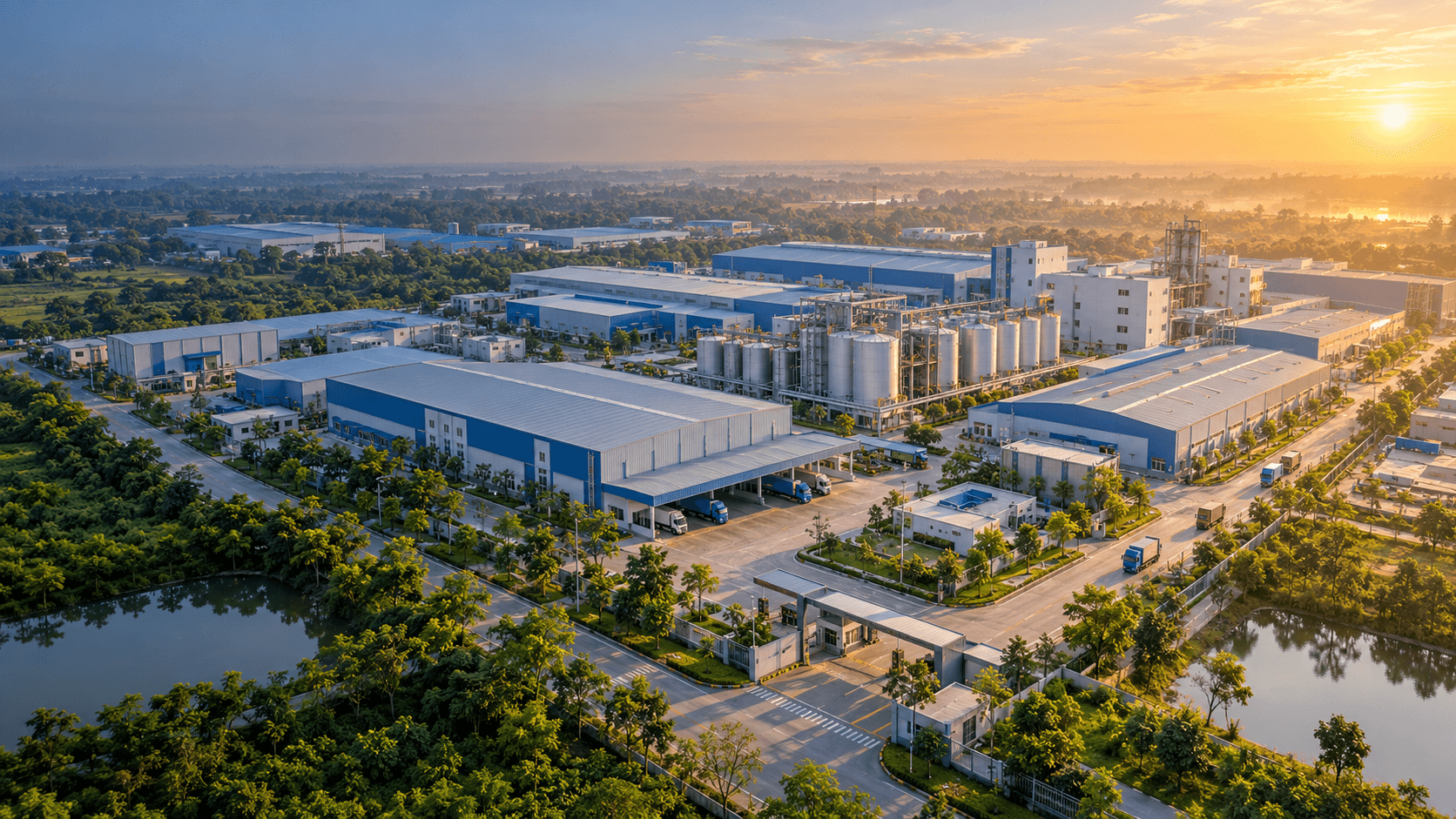 Aerial view of a large industrial park at sunrise, with long factory buildings, storage tanks and green trees