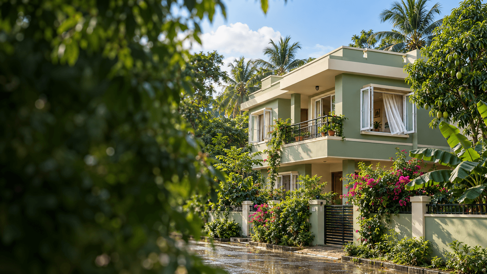 A freshly painted sage-green family home among mango and coconut trees after rain