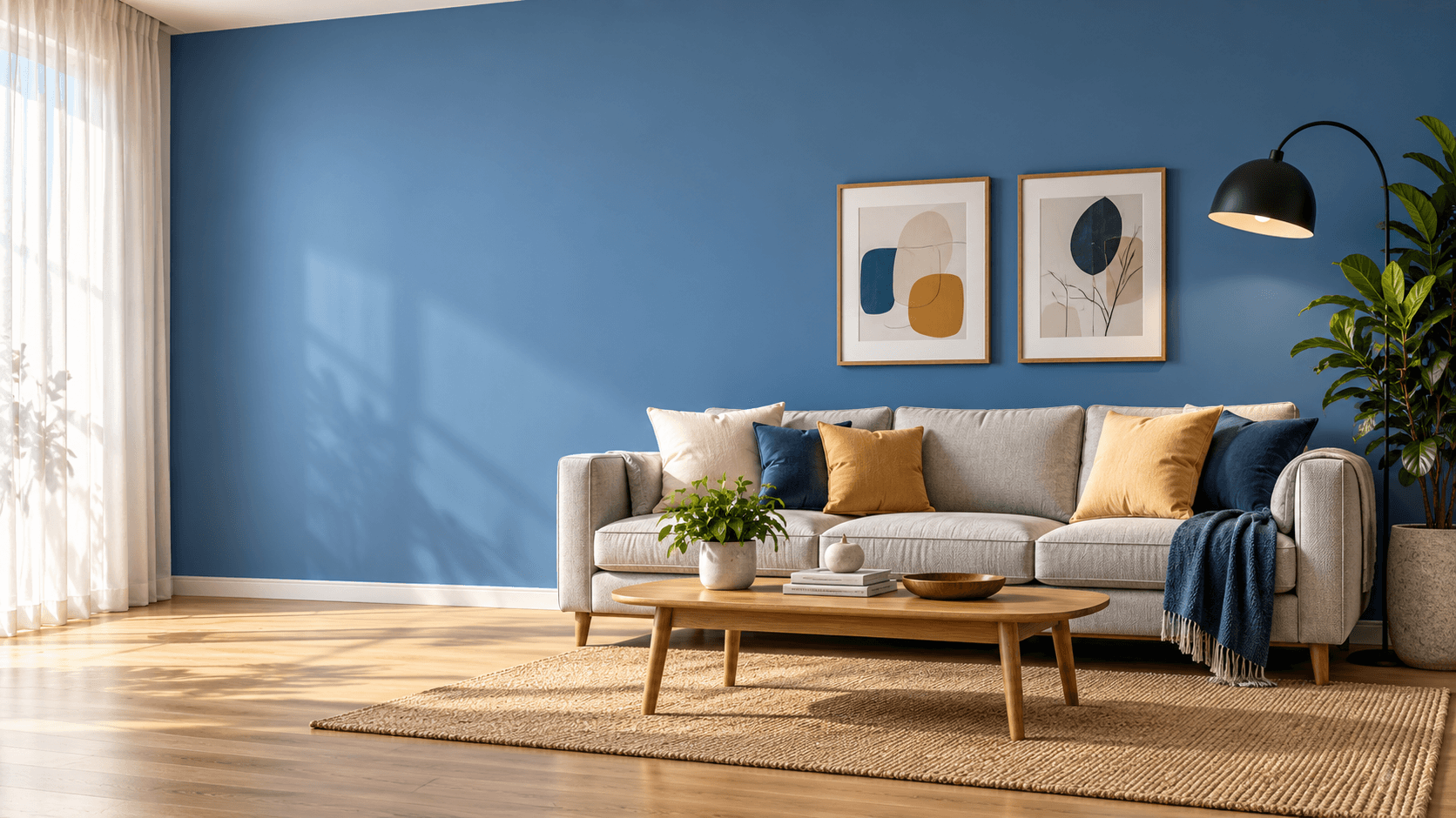 A living room with a soft blue painted wall, a light grey sofa and warm daylight
