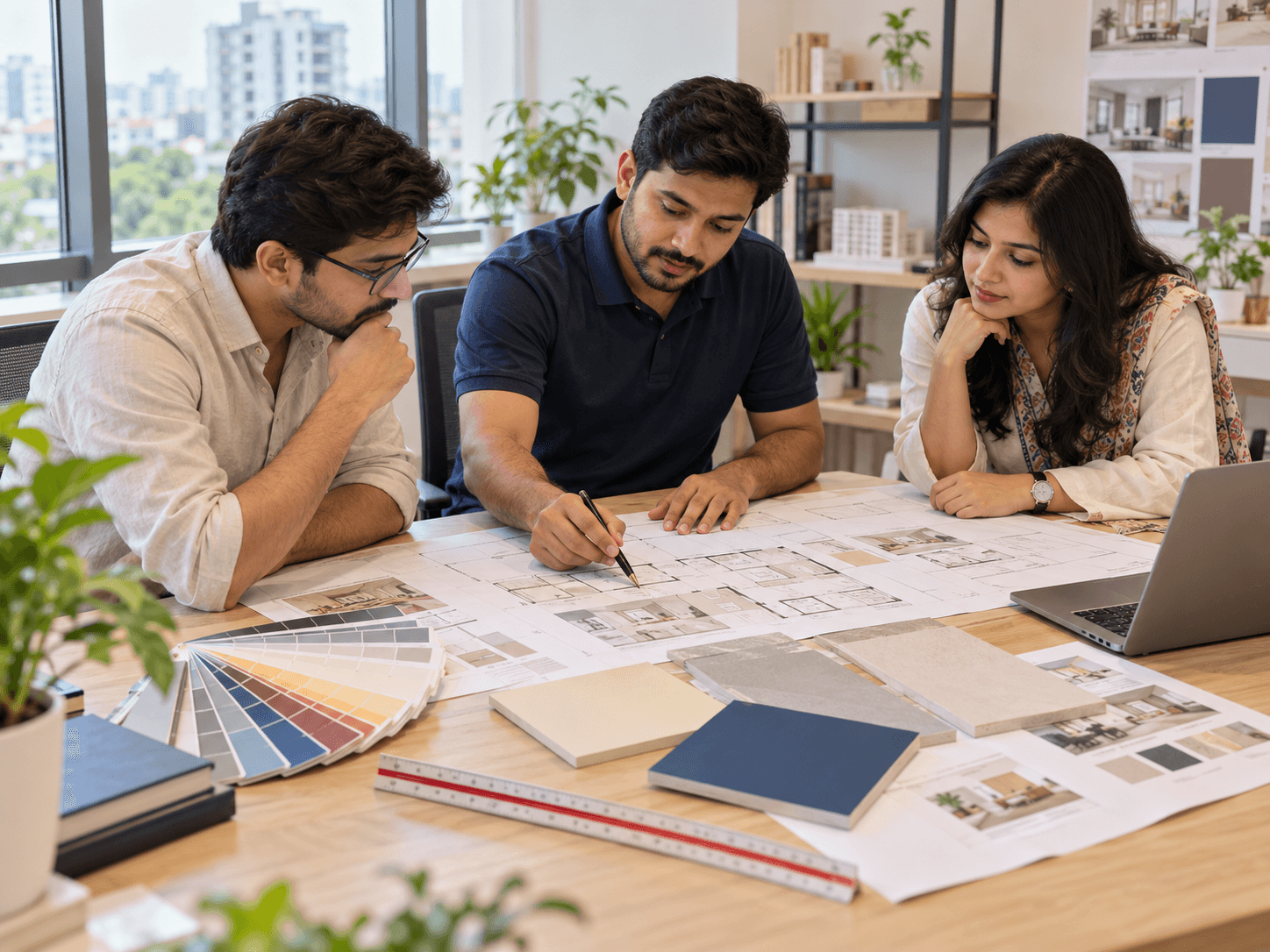 A Rainbow technical officer reviews floor plans with two architects, with a shade fan and painted sample boards on the table