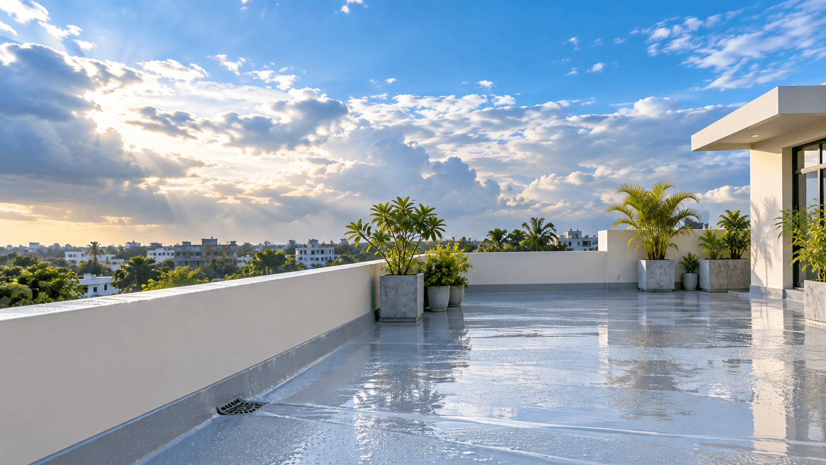 A rooftop terrace with a fresh waterproof coating shedding rain water under clearing monsoon clouds