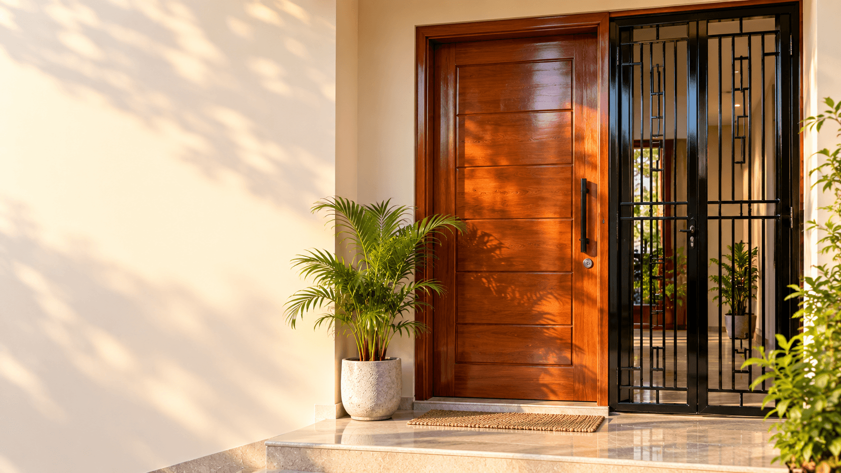 A glossy lacquered wooden front door beside a black enamel-painted iron gate in warm sunlight