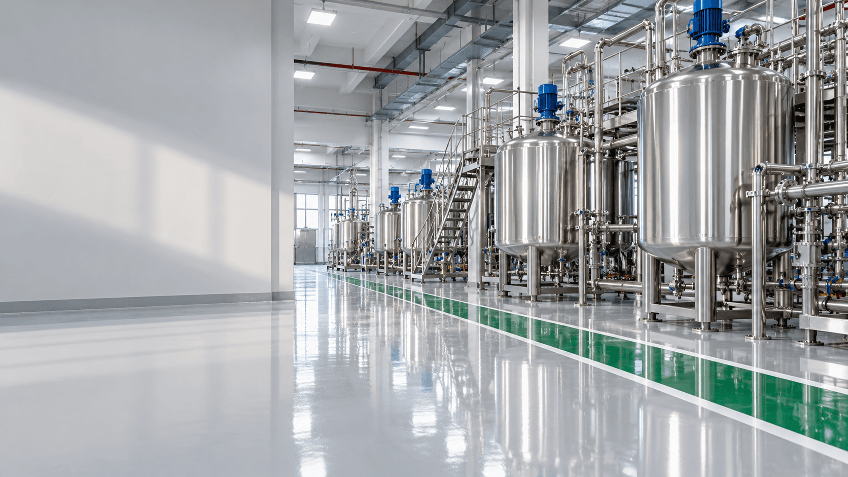 Stainless-steel process tanks on a glossy light-grey epoxy floor with a green walkway line in a clean plant