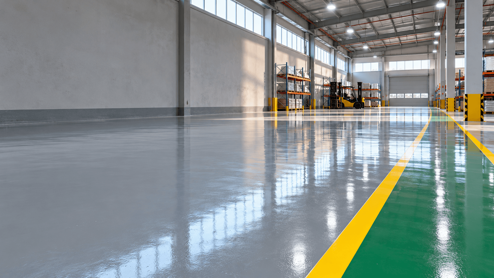 A warehouse floor in glossy grey epoxy with yellow walkway lines and a green zone, racking and a forklift in the distance