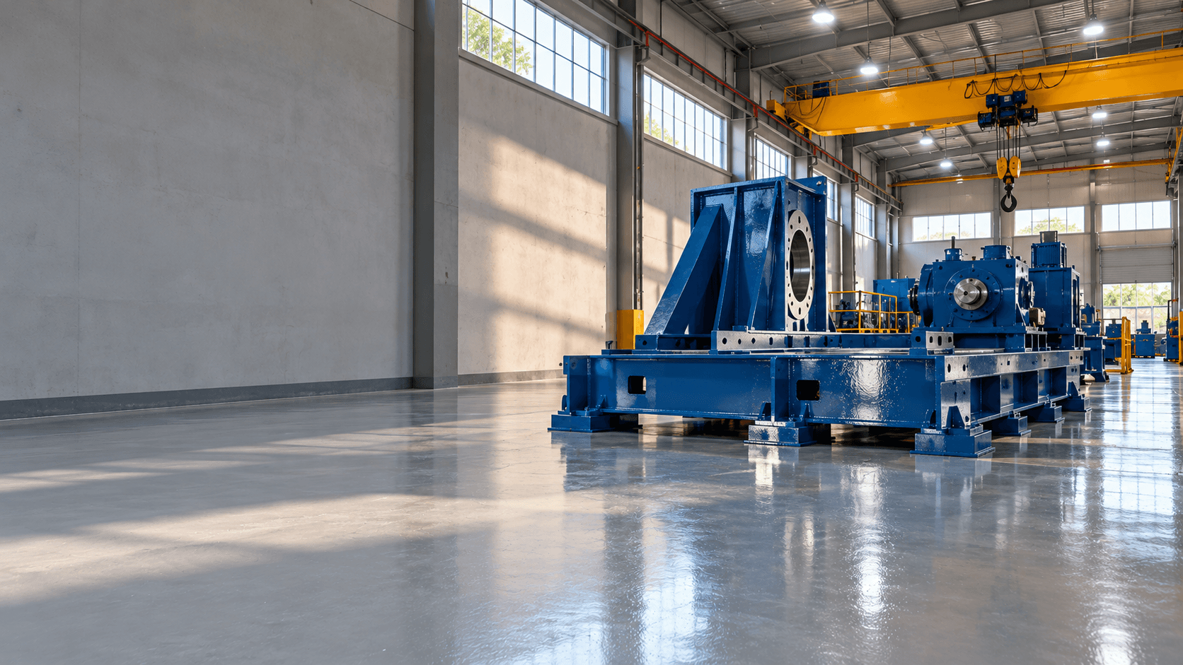 A workshop with blue-painted heavy steel machinery on a glossy grey floor under a yellow gantry crane