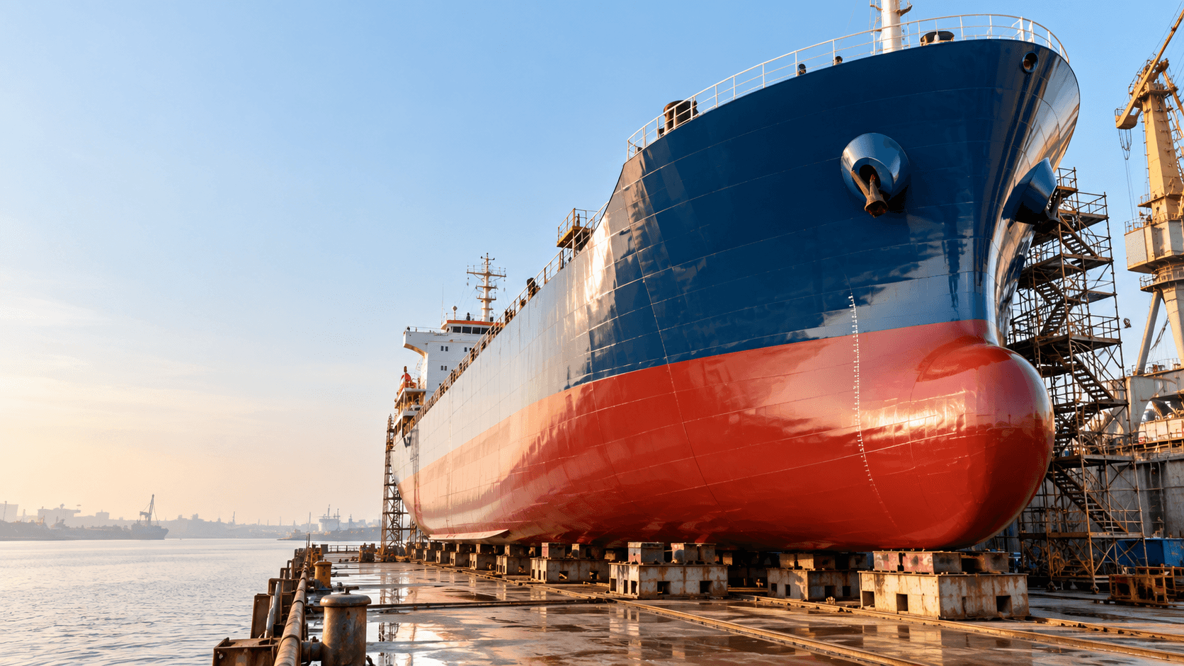 A cargo ship in dry dock with a fresh red antifouling hull and dark-blue topside, cranes and scaffolding behind