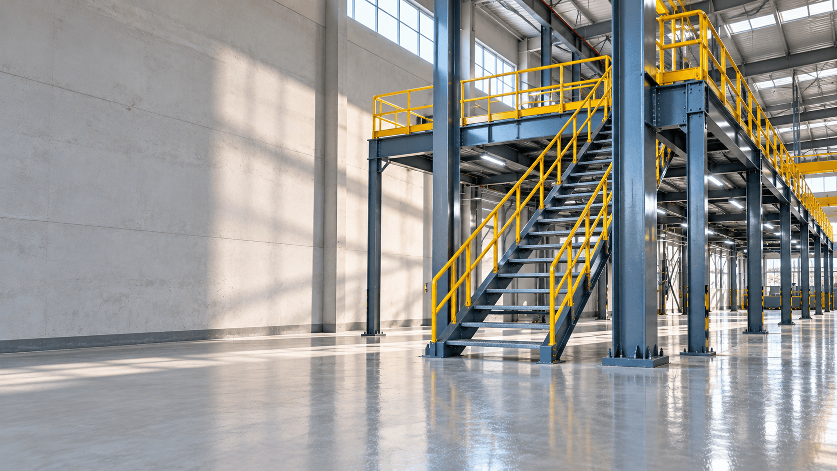 Grey-blue coated steel columns, beams and a staircase with yellow handrails inside a bright factory