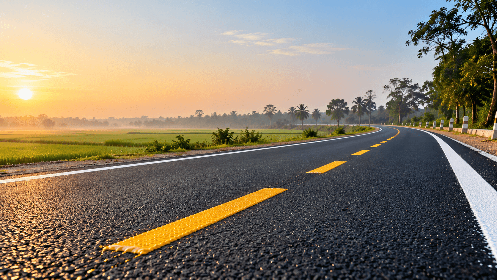 A new asphalt road at sunrise with bright white edge lines and a yellow dashed centre line, paddy fields beside it