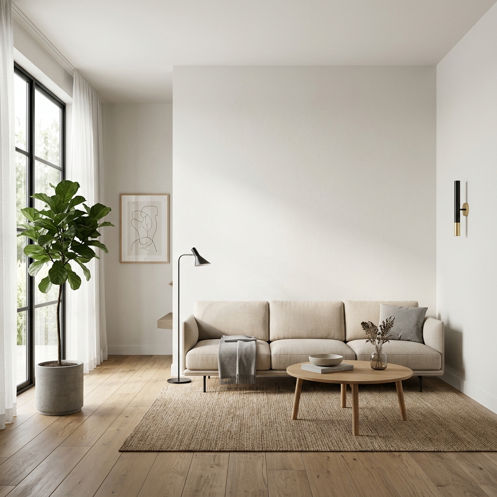 A bright living room with a beige sofa and a floor lamp